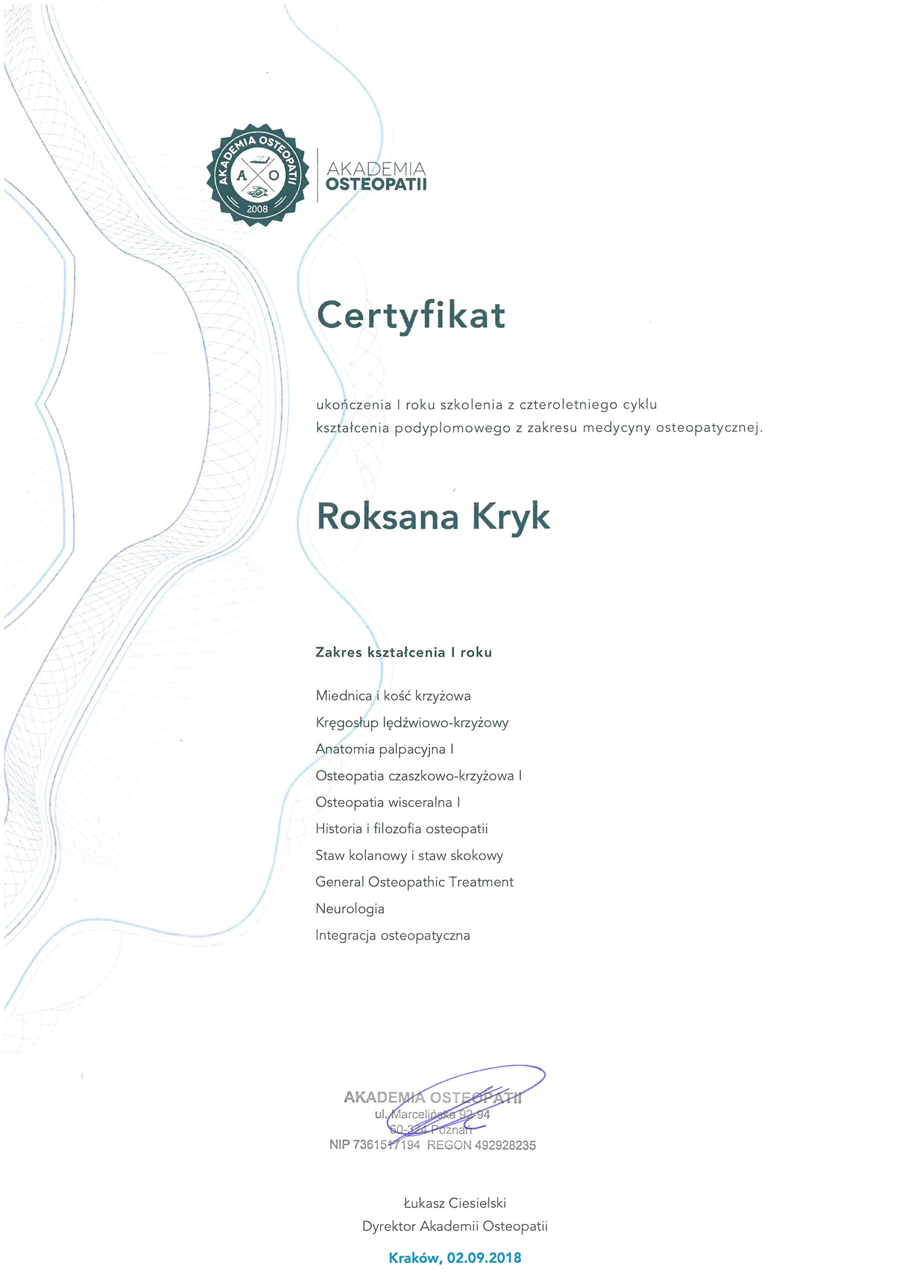 certyfikat osteopatia