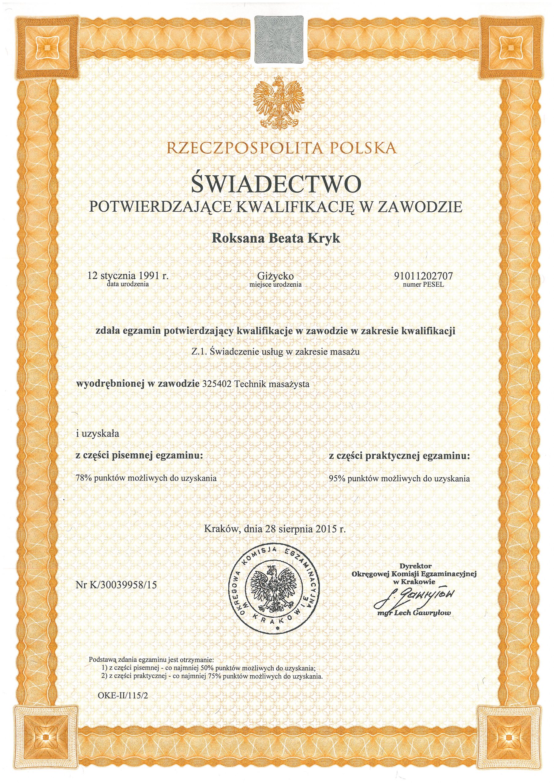 świadectwo potwierdzające kwalifikację w zwodzie fizjoterapeuta