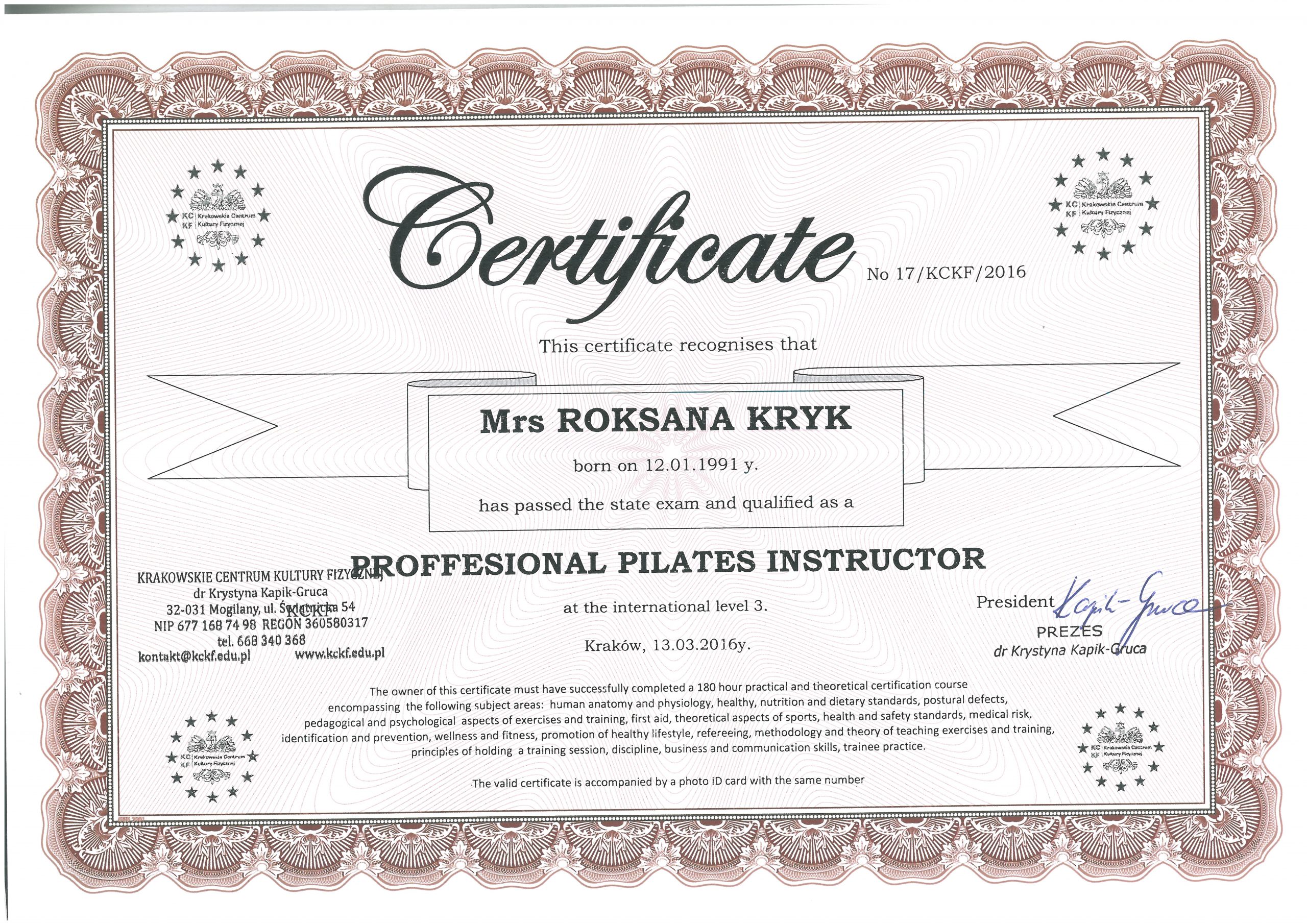 certyfikat kurs pilates instruktor