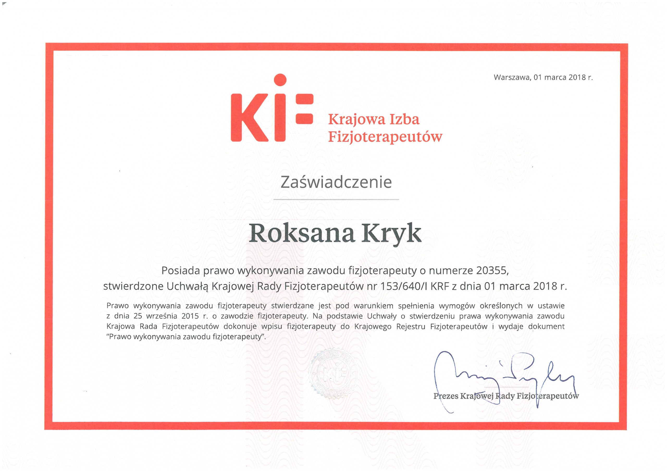 zaświadczenie o wykonywaniu zawodu fizjoterapeuty